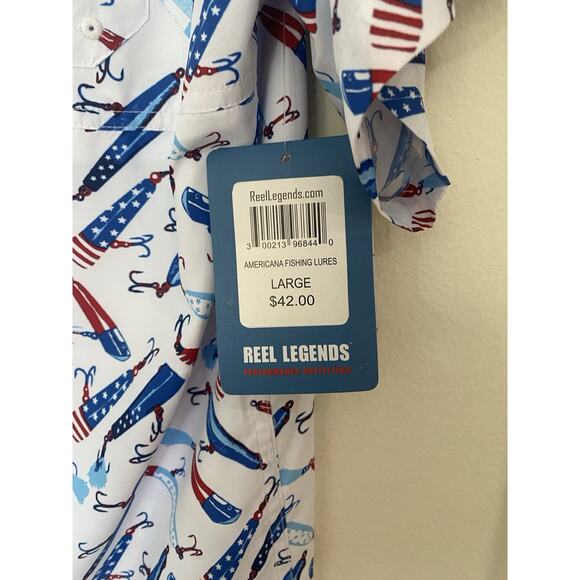 Reel Legends Performance Men's Fishing Shirt Americana Fishing Lure Print L - Picture 5 of 10